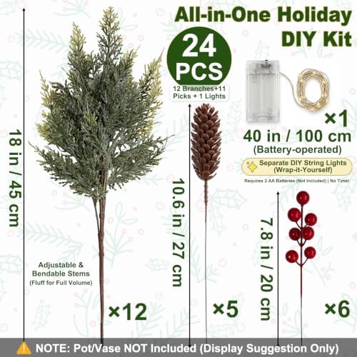 24 Piece Set: 12Pcs Christmas Cedar Branches with LED Lights, Red Berries