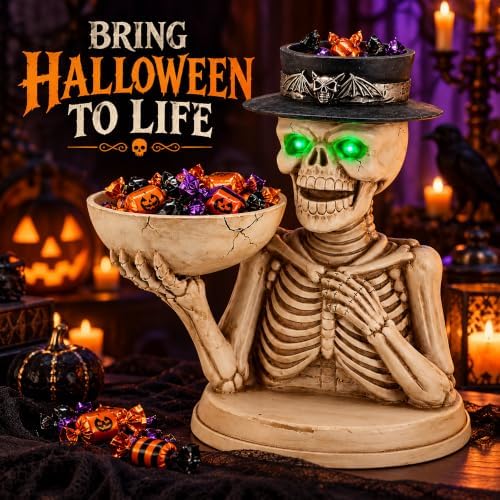 Halloween Skeleton Candy Bowl and Candle Holder with Glowing Eyes