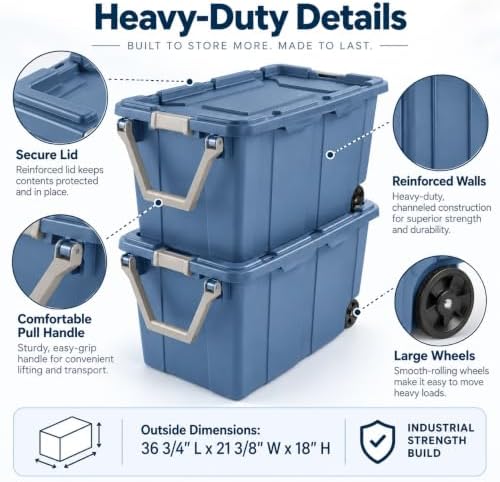 2-Pack 40 Gal Wheeled Storage Bins, Latching Lid & Pull Handle, Blue