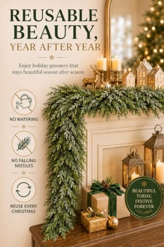 9 FT Christmas Cedar Garland, Real Touch Artificial Greenery, Mantel Decor