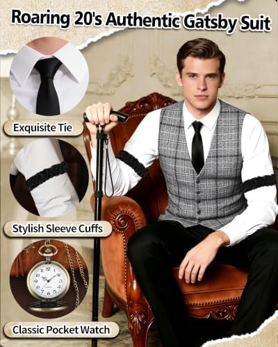 1920s Mens Costume, Roaring 20s Costumes for Men 1920s Mens Outfit with Walking Cane Vest Hat 1920 Mens Accessories