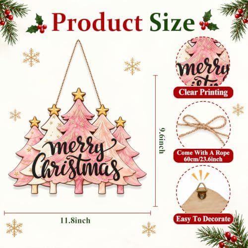 Christmas Decorations Pink Pine Tree Merry Christmas Hanging Wooden Sign
