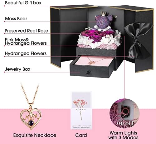 ADDWel Meaningful Gifts for Mom from Daughter Son, Preserved Purple Rose Gift Box with MOM Necklace, I Love You Necklace in 100 Languages, Mother’s Day Birthday Gifts for Mom