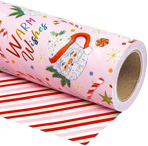 WRAPAHOLIC Reversible Christmas Wrapping Paper - Mini Roll - 17 Inch x 33 Feet - Santa Claus Cup and Stripe Wrapping Paper for Chrsitmas, Holiday, Party Celebration