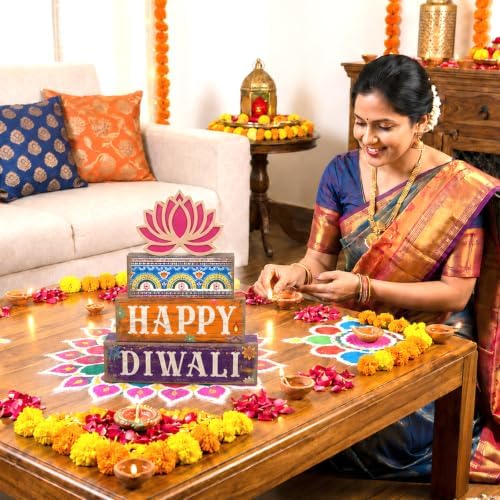 Lineshading 4 Pcs Diwali Table Decoration, Happy Diwali Lotus Wood Sign