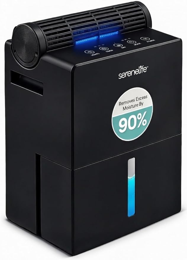 SereneLife 91 OZ Dehumidifier For Home | Covers 1200 SQ FT For Basements, Bedrooms, Bathrooms & Offices | Includes Removable Natural Dehumidifier For Closet | Set Timer, Sleep Mode & Humidity | Black