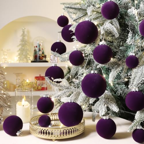 Purple Velvet Christmas Ball Ornaments-46pcs Flocked Xmas Tree Decorations