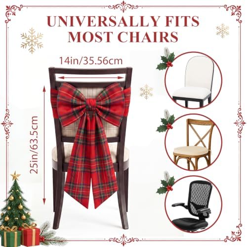Thiccywoov 4 Pcs Christmas Chair Bows Decorations 25 x 14 in, Red Tartan
