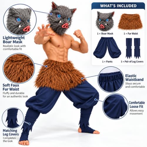 4 Pcs Wild Boar Costume Adult Men Mask Apron Set Anime Cosplay