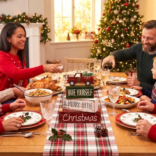 Lineshading 4 Pcs Wooden Christmas Tabletop Decor Red Truck Tiered Tray Decor Christmas Centerpiece Decorative Red Truck Block Signs Gift Farmhouse Winter Table Decoration for Home Kitchen Shelf