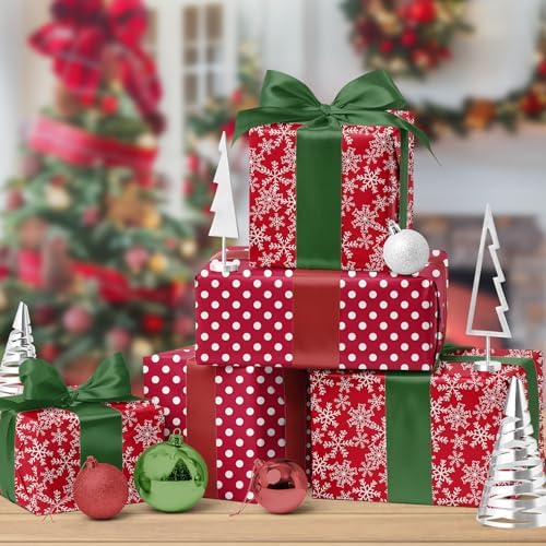 LaRibbons Reversible Christmas Wrapping Paper, White Dots Snowflakes on Red