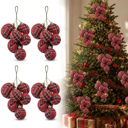 Roowest 4 Sets Buffalo Plaid Glitter Christmas Ball Clusters Ornament Decor