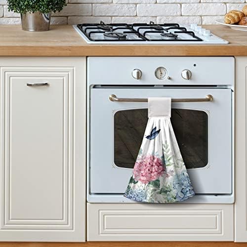 Blue Hydrangea Hanging Hand Towels Set of 2 Watercolor Summer Pink Flower Butterfly Kitchen Towels with Hanging Loop Green Leaf Dish Cloth Towels Soft Absorbent Fingertip Bath Tie Towels for Bathroom