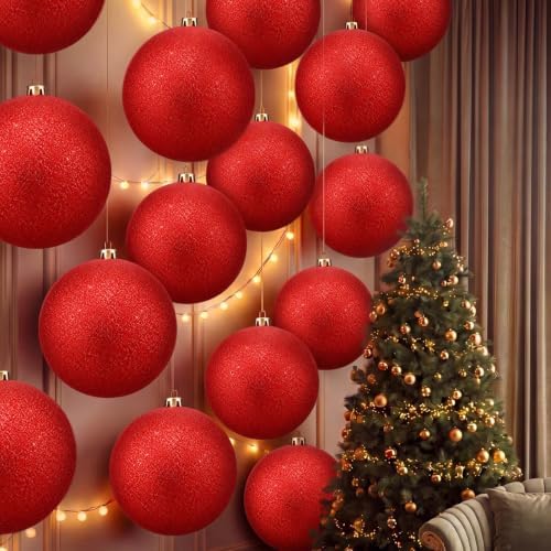 Threan 10 Inch Large Red Glitter Christmas Ball Ornaments
