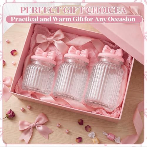 Mimorou 3 Set Pink Bow Candy Glass Jars with Ceramic Lids 44oz 33oz 22oz Summer Bow Cookie Jars Airtight Glass Food Storage Containers for Spring Summer Party Tea Cookie Snacks Sugar