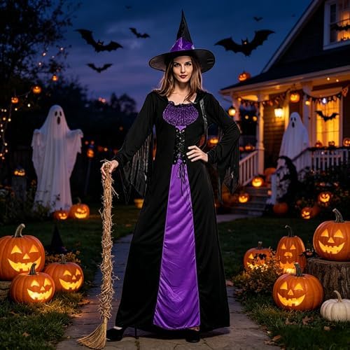 Colorful House Women Wicked Witch Costume Dress with Hat for Halloween