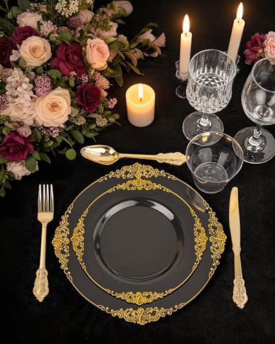 Nervure 175Pcs Black Plastic Plates, Disposable Party Plates for 25 Guests