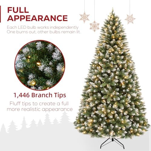 Hykolity 7.5 ft Flocked Christmas Tree, 350 Warm White LED Lights, Artificial Christmas Tree with 1446 PVC Branch Tips, Metal Hinges & Base
