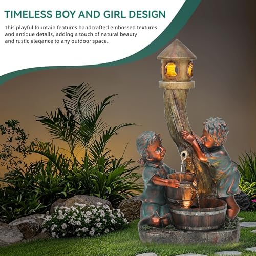 AUTODAYA 31" Boy and Girl Outdoor Fountain LED 3-Tier Cascading Waterfall