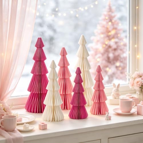 SUNBEAUTY Pink Honeycomb Paper Christmas Trees, 6pcs Foldable Honeycomb Trees, Christmas 3D Paper Tree Table Centerpieces for Home Indoor Modern Xmas Tabletop Holiday Decor