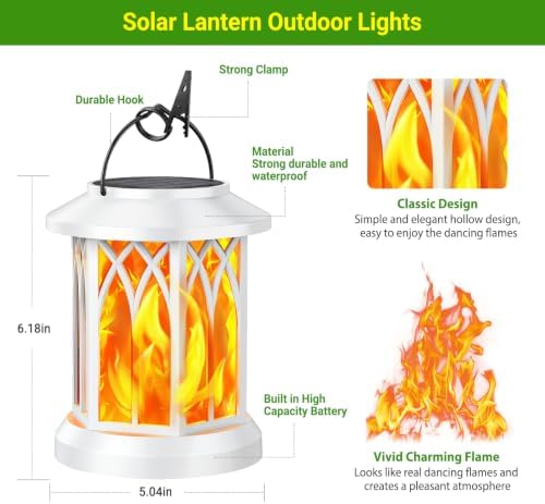 KOOPER Hanging Solar Lights Lantern Outdoor, 2 Pack Flickering Flames Solar Outdoor Lights, Solar Lanterns Outdoor Waterproof with Bigger Panel, Lanterns Decorative Outdoor for Garden Decor (White)