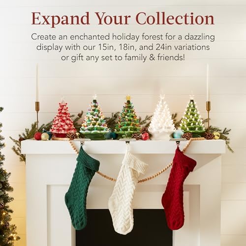 Best Choice Products 15in Ceramic Christmas Tree, Pre-lit Hand-Painted Tabletop Holiday Tree, 2 Star Toppers, 64 Lights - Green w/Warm White Bulbs