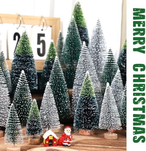 30Pcs Mini Christmas Trees Artificial Christmas Tree Bottle Brush Trees with Wooden Base for Christmas Decor Christmas Party Home Table Craft Decorations(Dark Green+Silver)