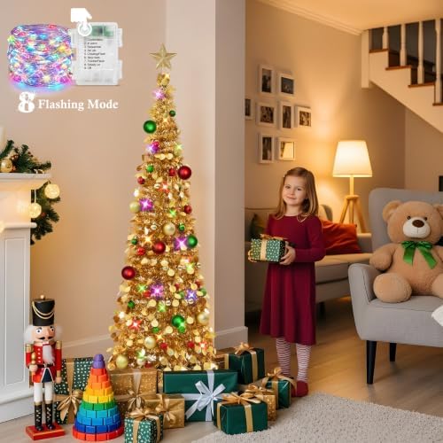 Pop Up Christmas Tree with Lights & Ornaments, 5FT, Champagne Gold