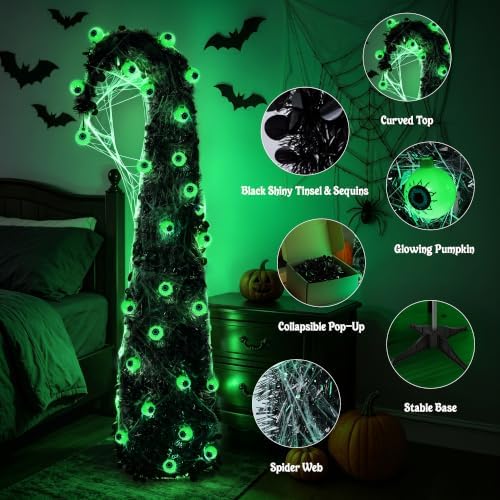 Brizled Prelit Black Halloween Tree, 5 ft Lighted Fall Tree with Lights