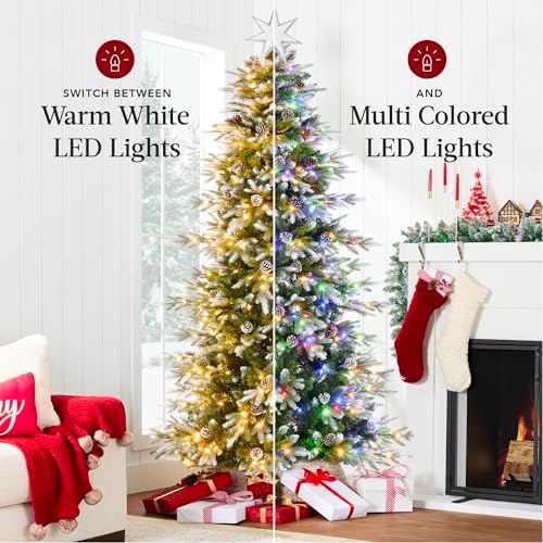 Best Choice Products 9ft Pre-Lit Artificial Frosted Slim Aspen Christmas Tree, Partially Flocked Holiday Décor w/ 2-in-1 White & Multicolor LED Lights