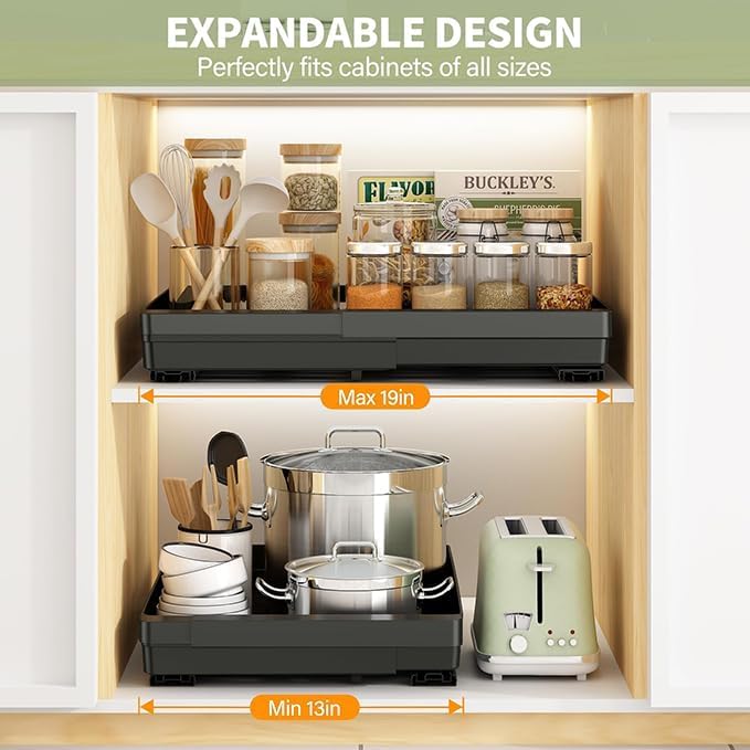 DOMNIU 2 Pack Pull Out Cabinet Organizers Expandable (13''-19''), Plastic Slide Out Drawers for Kitchen, Bathroom, Pantry, Under Sink Storage, Pull Out Drawers Fixed with Adhesive Nano Film (Black)