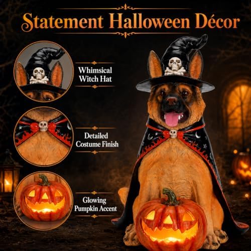 Halloween Large German Shepherd Statue with Glowing Pumpkin, Entrance Decor