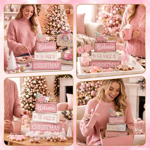 Moucuny 4 Pcs Christmas Table Decoration Pink Santa Sleigh Stacked Wooden Sign Decor Christmas Tiered Tray Decor Decorative Santa Claus Elk Block Sign Gift Farmhouse Xmas Centerpiece for Home Kitchen