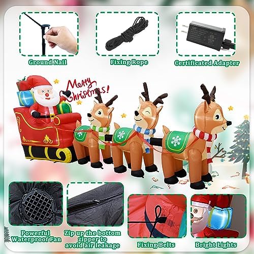 EAONE 12 Ft Christmas Inflatables Outdoor Decorations Giant Blow Up Yard Decorations Inflatable Santa Claus on Sleigh and 3 Reindeer, with Built-in LED Lights for Indoor Outdoor Home Holiday Decor