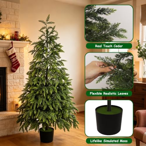 Cllayees 5FT Cedar Christmas Tree with Lights Artificial Potted Tree