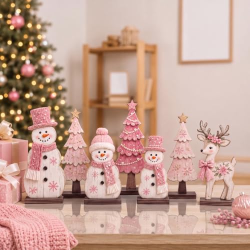 7 Pcs Christmas Table Decor Wooden Snowman Tree Deer Decor, Pink