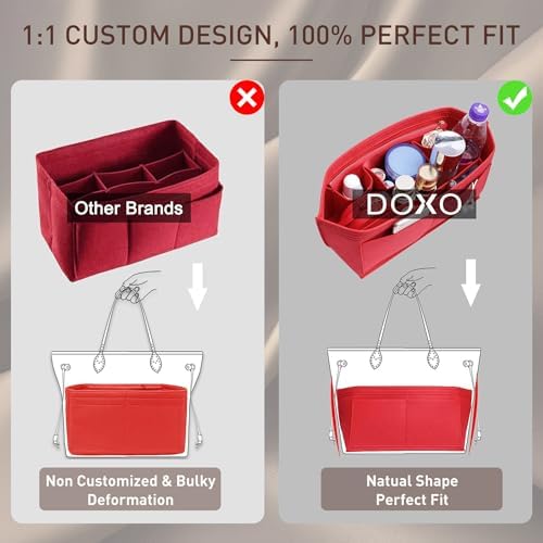 Doxo Purse Organizer Insert for Handbags & Base Shaper 2pc Set, Felt Neverfull MM Organizer Insert, Tote Bag Organizer with Zipper Pocket and Bottle Holder, Fit Speedy 30 Neverfull MM and More,Red-L