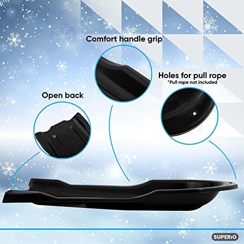 Superio Toboggan Snow Sled for Kids and Adults, 46" Heavy Duty Plastic Open Back Slider with Handles and Hole for Pull Ropes- (Ropes Excluded) Kid and Adult Winter Fun