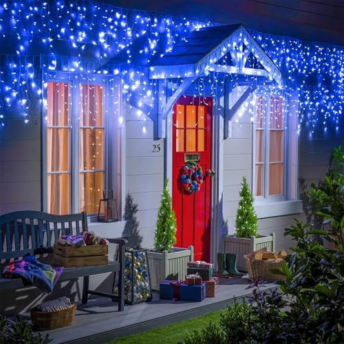 99ft Blue Christmas Lights Outdoor, 1216 LED Icicle Lights for Outside House with Clear Wire 8 Modes Timer, Plug in Waterproof for Home Holiday Eaves Yard Party Tree Room Wall Indoor Decoration