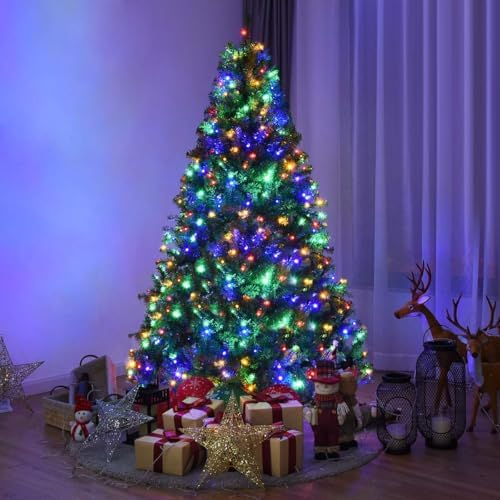 HAPPYGRILL 6 FT Pre-Lit Artificial Christmas Tree, Artificial Hinged Tree with 350 LED Lights, 1000 PVC Branch Tips and Foldable Base, Premium Spruce Tree with 11 Color Modes for Holiday Decor