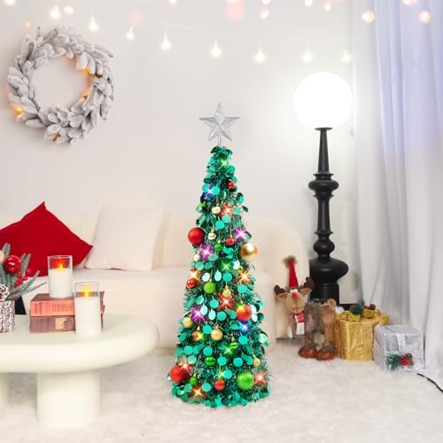 N&T NIETING Pop Up Christmas Tree with Lights & Ornaments,3FT, Peacock Blue