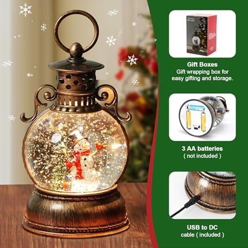 Christmas Snow Globe Lantern Water Glittering Snowman Scene with Music & Timer, USB Lined/Battery Operated Lighted Water Lantern for Christmas Festival Decoration Gifts