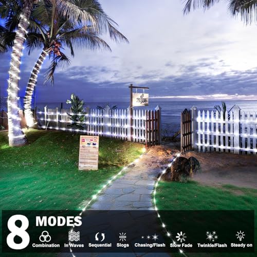 KNONEW Solar Rope Lights Outdoor 2 Packs Total 600LED 100FT Solar String Light Outside Waterproof with 8 Modes Clear Thin Tube for Pool Patio Garden Fence Camping Yard Deck Trampoline（Cool White）
