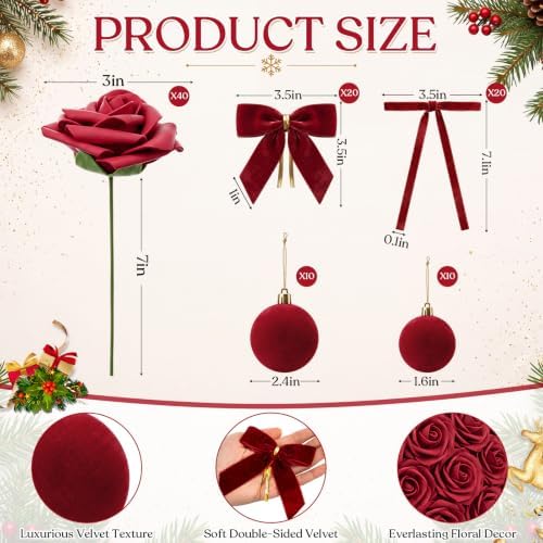 100 Pcs Velvet Rose Christmas Tree Decoration Ribbon Bow Ball Ornament Set