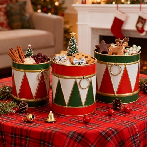 3-Piece Christmas Metal Drum Buckets Set - Festive Ice Bucket & Storage for Small Plants/Ornaments/Candies, Round Decorative Pails for Party Table Centerpieces & Home Mantel Display