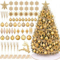 CroBlissful 118 Pcs Christmas Tree Ornaments Set Including Ornaments Balls, Hanging Snowflakes Icicle, Mesh Ribbon, Tree Top Star, Flower, Berries Stems for Xmas Trees Holiday Decor(Gold)
