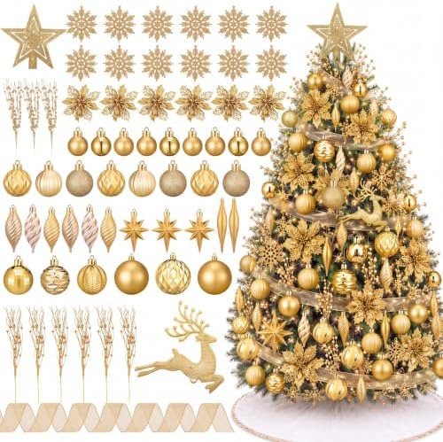 CroBlissful 118 Pcs Christmas Tree Ornaments Set Including Ornaments Balls, Hanging Snowflakes Icicle, Mesh Ribbon, Tree Top Star, Flower, Berries Stems for Xmas Trees Holiday Decor(Gold)