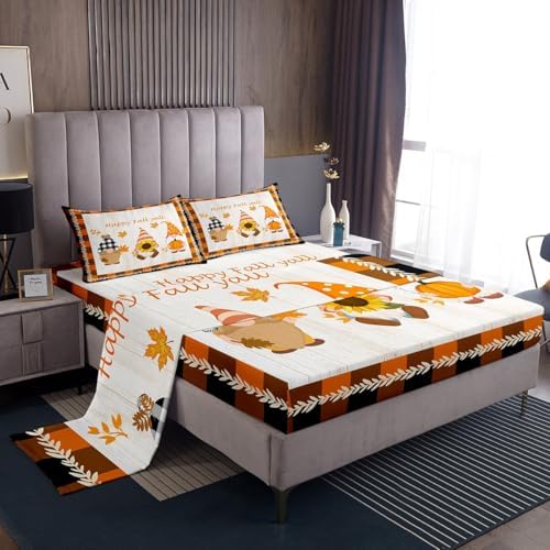 Happy Fall Print Sheet Set Kids Sunflowers and Pumpkin Bed Sheets Set Girls Retro Autumn Bedding Set for Boys Teens Sheets Soft Room Decor Twin Size(1 Flat Sheet+1 Fitted Sheet+1 Pillowcase)