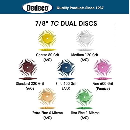 Dedeco Sunburst Radial Bristle Discs - 7/8” (22mm) Dia, TC Knife-Edge Bristle, 1/16” (1.58mm) Arbor, Cleaning and Polishing Rotary Tool Accessories, Aluminum Oxide