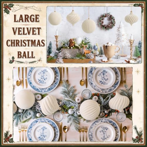 Civaner 4 Pcs Velvet Christmas Ball Ornaments,8 Inch,Beige